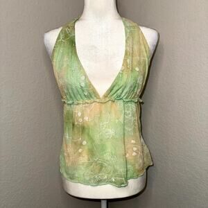 Y2k Imagine Halter Top Women's M Green Yellow Tie-Dye Floral Sheer Boho Fairy